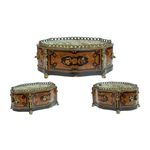 1019 - 19th Century French Rosewood and Parquetry Jardiniere, or serpentine form with pierced metal gallery... 