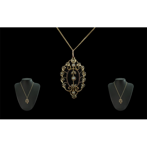 104 - Victorian Period Attractive 9ct Gold Open worked Pendant Set with Seed Pearls, Attached to a Later 9... 