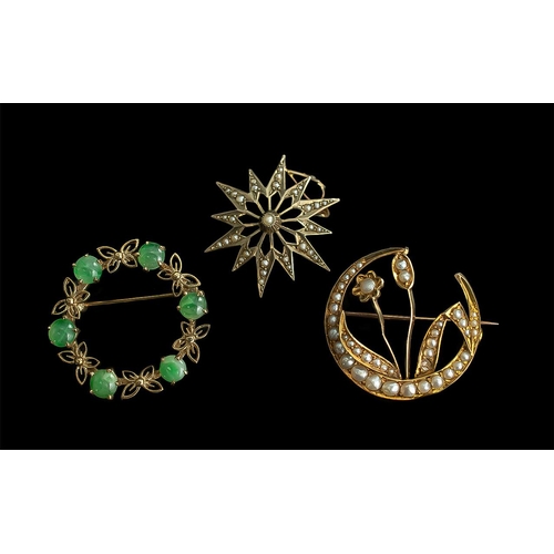 106 - Antique Period Attractive Trio of 15ct - 14ct and 9ct Gold - Stone Set Brooches. All In Excellent Co... 