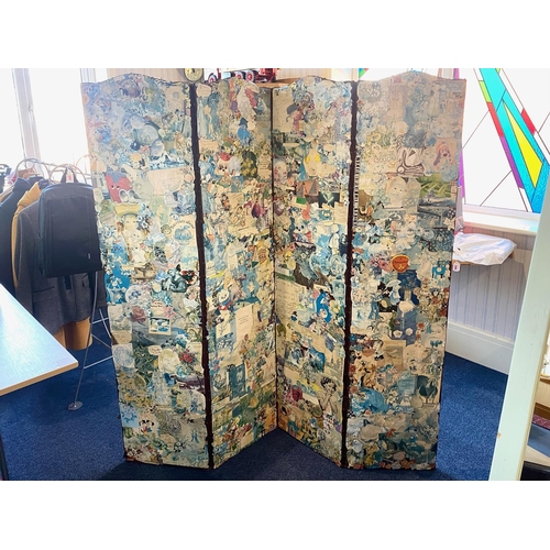 1069 - Four Panelled Wooden Screen, decorated with decoupage, each panel measures approx 65'' x 16''.