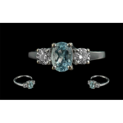 107 - Ladies 18ct White Gold - Attractive 3 Stone Aquamarine and Diamond Set Ring. Marked 750 - 18ct to In... 