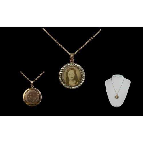 114 - Antique Period Attractive 9ct Gold Circular Hinged Double Photo Locket - Set with Seed Pearls. With ... 