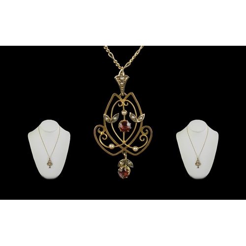 115 - Victorian Period 1837 - 1901 9ct Gold Open Worked Ornate Gem Set Pendant - With Attached 9ct Gold Fa... 