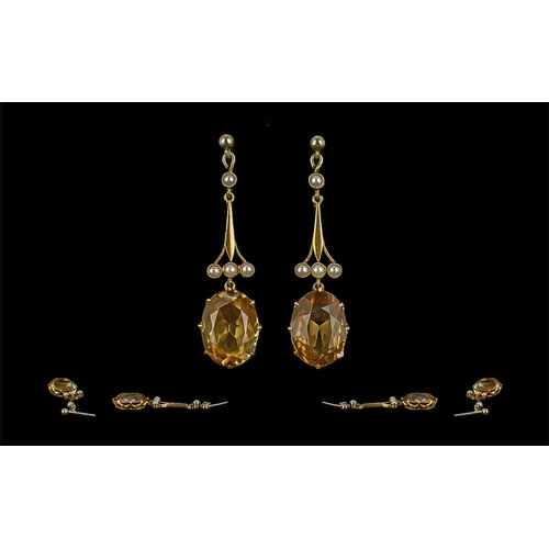 124A - **NO LOT**

Antique Period 18ct Gold Citrine and Pearl Set Drop Earrings. Excellent Proportions / De... 