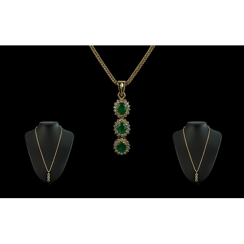 13 - Ladies - Superb Quality 18ct Gold Emerald and Diamond Set Drop Pendant Drop, Attached to a Superior ... 