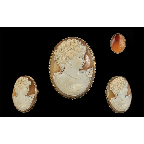 137 - A Large and Impressive 9ct Gold Mounted Shell Cameo Brooch with Safety Chain. Full Hallmark to Side ... 