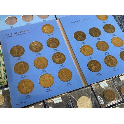 1378 - Collection of Coins, including three volumes of Great Britain Pennies, framed collection of Britain'... 