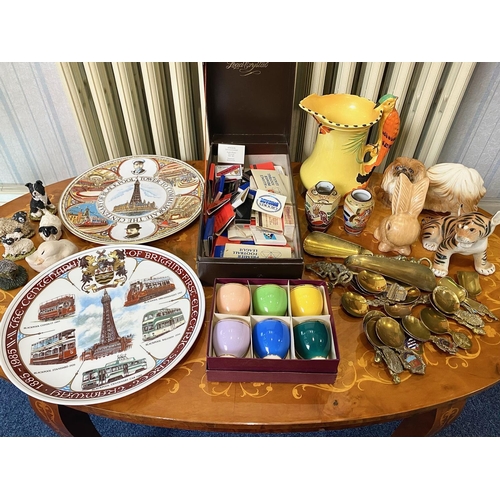 1381 - Box of Collectibles, including Blackpool Tower commemorative plates, assorted animal figures, brass ... 