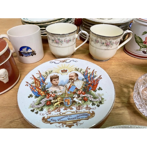 1387 - Box of Collectible Porcelain & Pottery, including teapot and stand, Royal memorabilia, plates, rose ... 