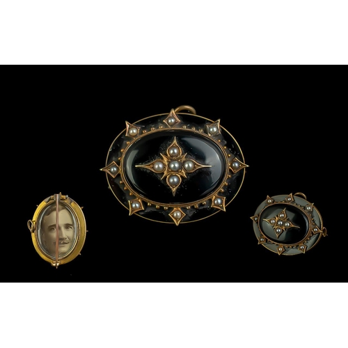 147 - Antique Period - Good Quality 9ct Gold and Black Jet Enamel Mourning Brooch / Locket, Set with Seed ... 