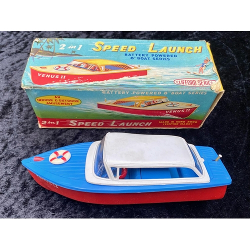 1491 - Two Vintage Boxed Speedboats, comprising a Sprite Day Cruiser Clockwork Boat by Sutcliffe, original ... 