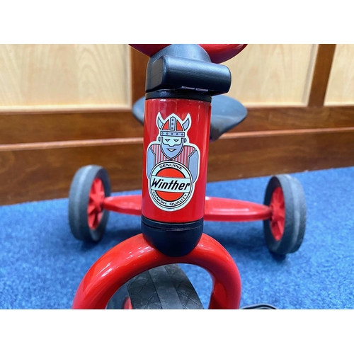 1507 - Child's Winther Tricycle, made in Denmark, red rust-proof finish with black saddle and three wheels.... 