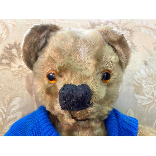 1553 - Vintage 'Busy Bear' Teddy Bear, soft plush mohair fabric, wearing a blue sweater, measures 17'' tall... 