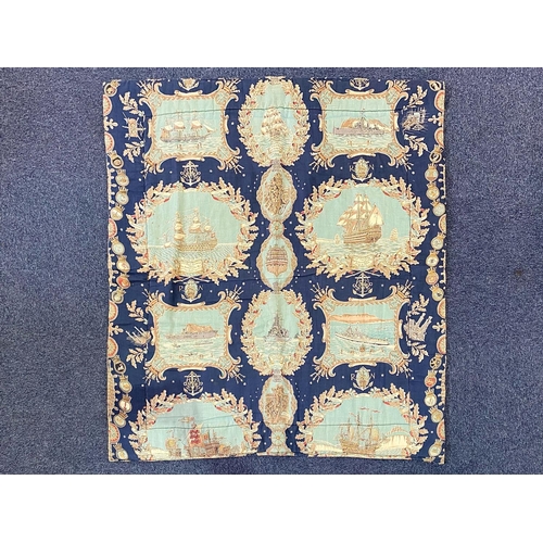 1557 - Cunard Liner Bed/Sofa Throw, blue patterned fabric representing British Naval History from 1515.  De... 