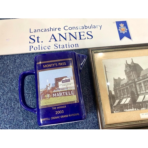 1563 - Mixed Lot containing four framed photographs, Grand National water jug 2003, Royal Grafton tea plate... 