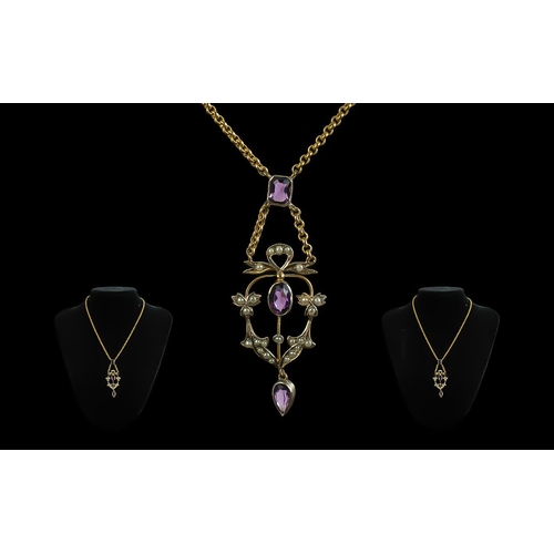 16 - Edwardian Period Attractive 9ct Gold Amethyst and Seed Pearl Set Pendant - Necklace Excellent Design... 