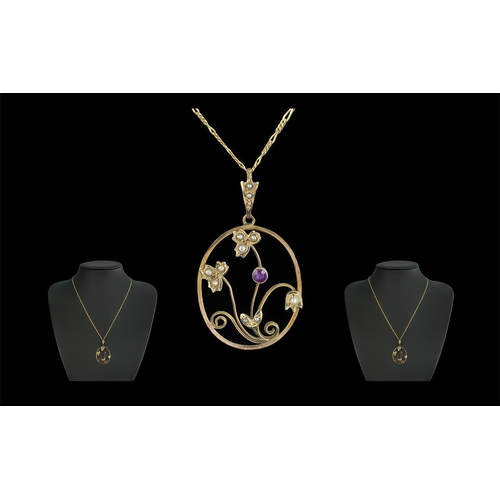 180A - **NO LOT**

Victorian Period Attractive 9ct Gold Amethyst and Seed Pearl Set Pendant, Attached to a ... 