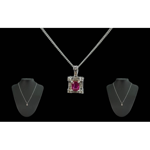 201 - Ladies - 18ct White Gold Diamond and Ruby Set Pendant with Attached 18ct White Gold Chain. Both Chai... 