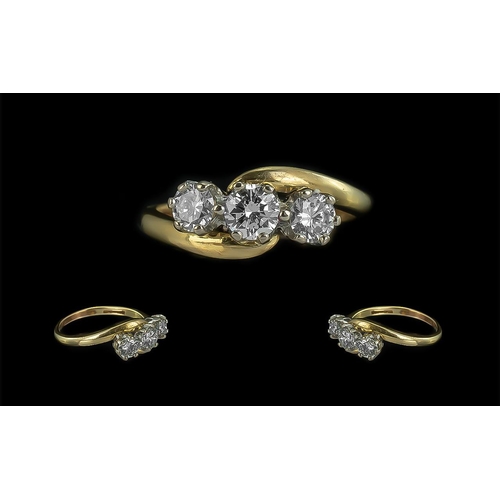 21 - Ladies 18ct Gold Attractive Three Stone Diamond Set Ring, full hallmark to shank; the three brillian... 