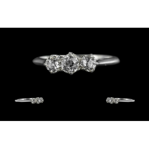 211 - Antique Period Platinum 3 Stone Diamond Set Ring. Marked Platinum to Shank. The 3 Semi-Cushion Cut D... 