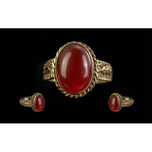 229 - 9ct Gold Ornate Well Made Single Stone Cabochon Cut Cherry Cornelian Set Ring. Marked 9.375 to Inter... 