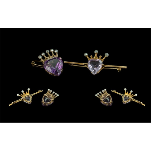 230 - Antique Period 9ct Gold Coronet Brooch, Set with Large Amethyst and Pearls with Safety Chain. All Fu... 