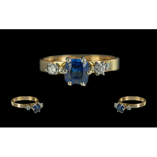 231 - Ladies 18ct Gold Attractive 3 Stone Sapphire and Diamond Set Ring. Marked 18ct to Shank. The Blue Sq... 