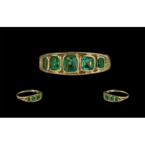 27 - Antique Period Attractive 18ct Gold Five Stone Emerald Set Ring, the square shaped emeralds of excel... 