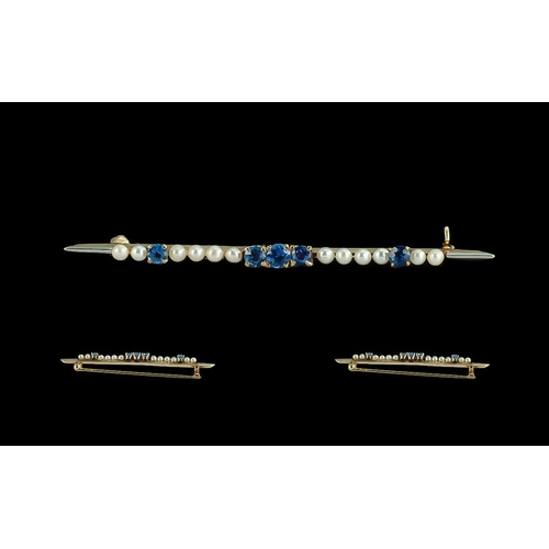 29 - Art Deco Period 1930's Excellent 14ct Gold Exquisite Sapphire and Pearl Set Line Brooch, Marked 14ct... 