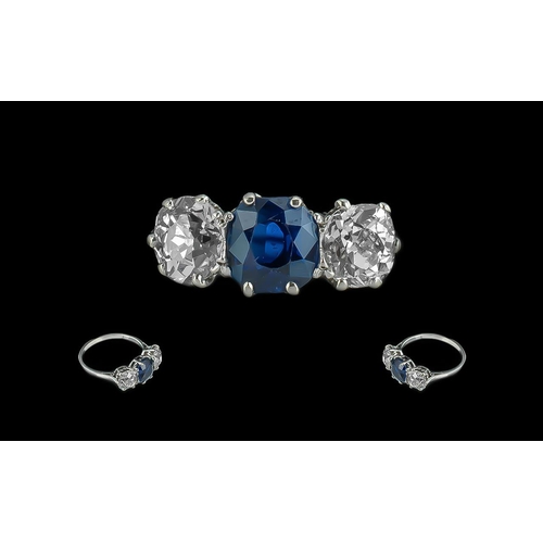 3 - Ladies - Superb and Attractive 18ct White Gold 3 Stone Diamond and Sapphire Set Dress Ring. c.1930's... 