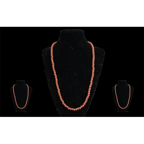 328 - Early 20th Century Fine Coral Beaded Necklace of Excellent Colour c.1920's. Length 20 Inches - 50 cm... 