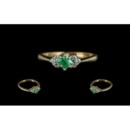 340 - Ladies - Attractive Petite 9ct Gold Diamond and Emerald Set DIamond Ring. Full Hallmark to Shank. Th... 