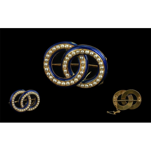 35 - Georgian Exquisite and Pleasing 18ct Gold Bristol Blue Enamel and Pearl Double Loop Design Brooch wi... 