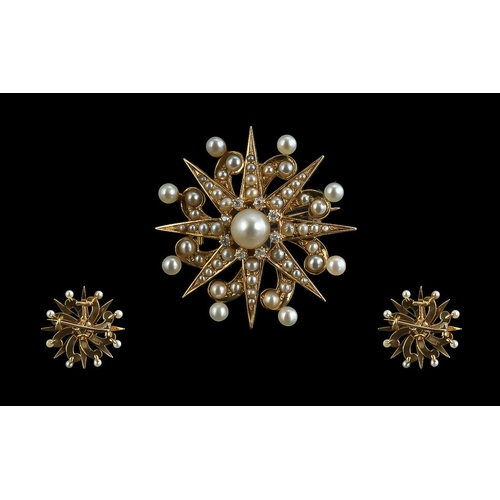 37 - Antique Period - Exquisite and Attractive 18ct Gold Star burst Design Brooch, Set with Diamonds, Pea... 