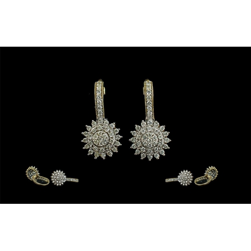 456 - Pair of Diamond Cluster Earrings, diamond sunburst drop set in 9ct gold.