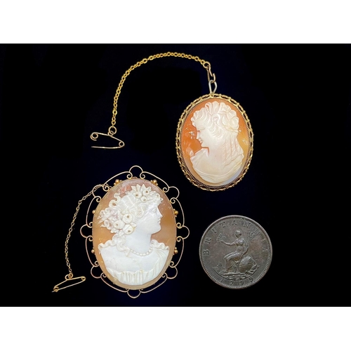 457 - Two Framed Cameos, one set in 9ct gold depicting a maiden facing right, the other similar in a gold ... 