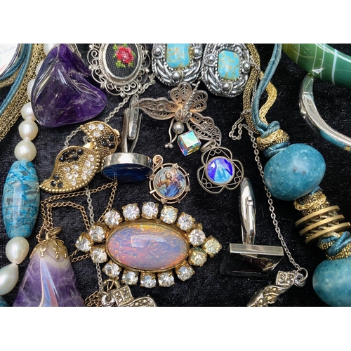 460 - Box of Vintage Costume Jewellery & Collectibles, including Marcasite pendant, stone set pendants and... 