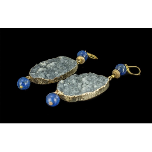 468A - Pair of Ladies Agate & Lapis Drop Earrings, large drop style for pierced ears.