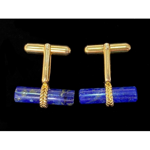 475 - Pair of 9ct Gold Lapis Lazuli Gentleman's Cufflinks, hallmarked, bar design with gold decoration.