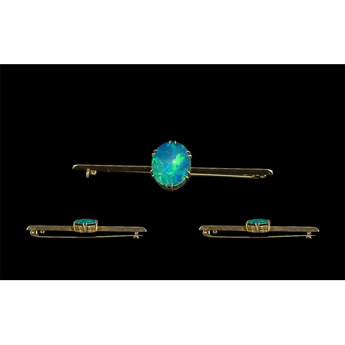 49 - Antique Period Attractive 9ct Gold Bar Brooch - Set With A Large Oval Shaped Opal To Centre of Excel... 