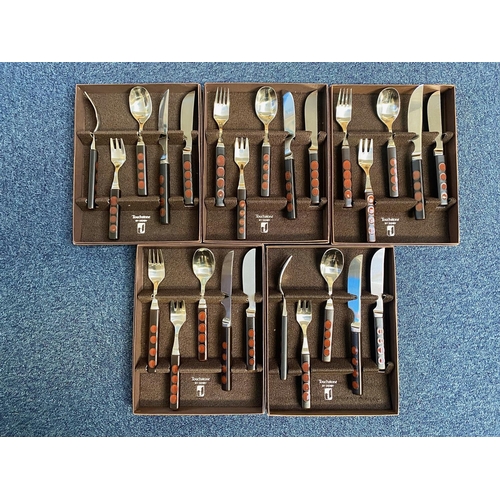 495A - Denby Touchstone Boxed Cutlery 'Garnet' Sets, five sets of five piece place settings.  Stone and ste... 