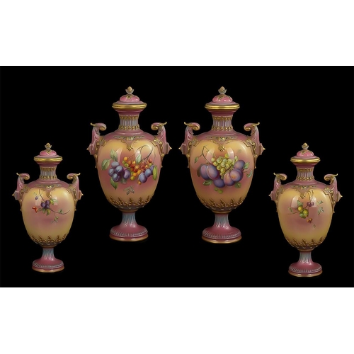 500 - Royal Worcester Fine Quality Pair of Hand Painted Signed Lidded Vases 'Still Life Fruits', berries a... 