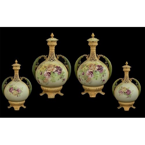 501 - Ernst Wahliss Turn Vienna Superb Pair of Hand Painted Lidded Twin Handled Reticulated Globular Shape... 