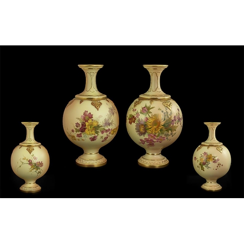 502 - Royal Worcester Fine Quality Matched Pair of Hand Painted Blush Ivory Globular Shaped Vases decorate... 