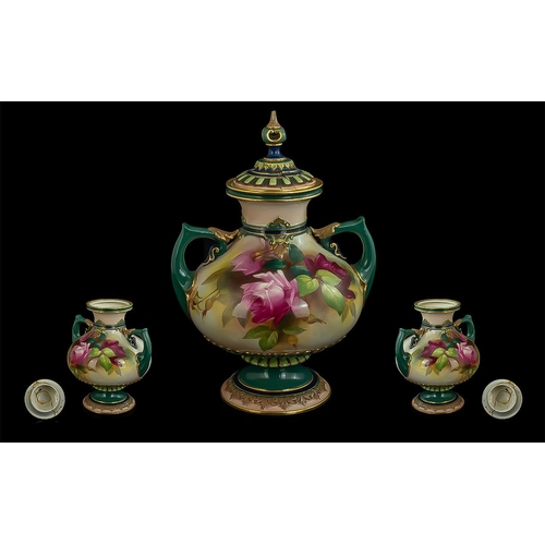 505 - Royal Worcester Hand Painted Lidded Twin Handled Vase 'Still Life Roses', date 1909, shape no.121, 9... 