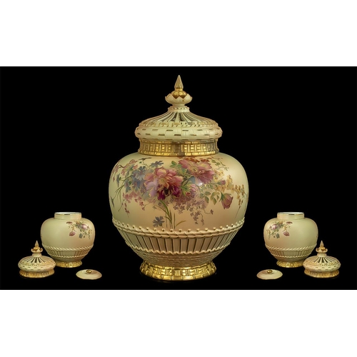 506 - Royal Worcester Superb Quality Hand Painted Large Blush Ivory Persian Style Reticulated Pot Pourri, ... 