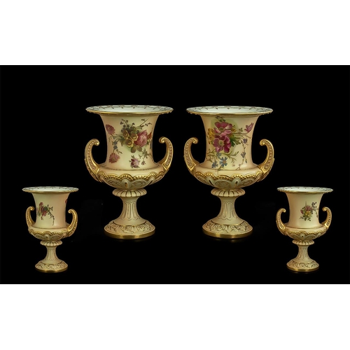 508 - Royal Worcester Fine Quality Pair of Hand Painted Blush Ivory Campagna Twin Handled Vases decorated ... 