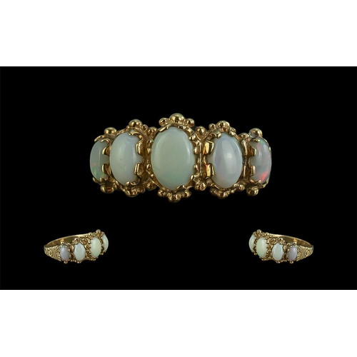 51 - Ladies Attractive 9ct Gold Five Stone Opal Set Ring, ornate setting with pleasing quality opals; ful... 