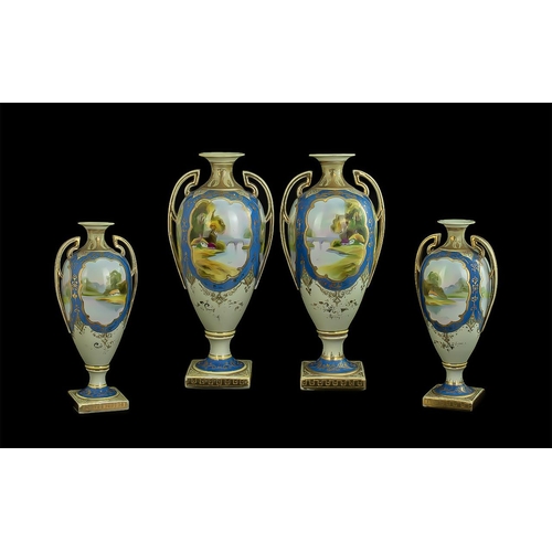 511 - Noritake Fine Pair of Hand Painted Porcelain Twin Handled Baluster Vases, with four hand painted pan... 