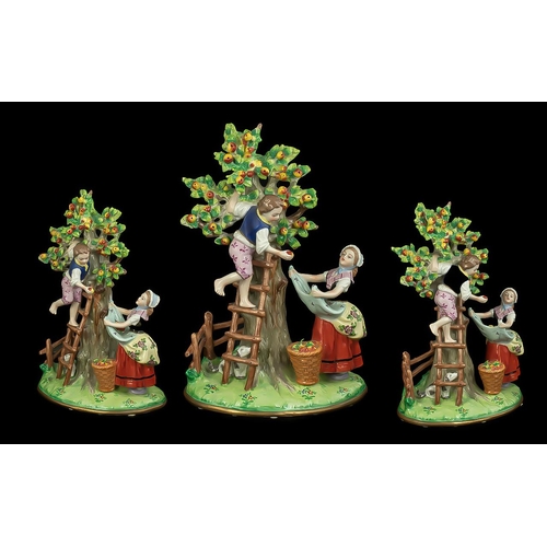 516 - Sitzendorf 19th Century Hand Painted Figure Group - Depicting a Boy up a Ladder Collecting Apples wi... 